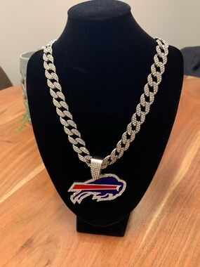 NFL Buffalo Bills Silver Cuban Chain Necklace with Red & Blue Logo Pendant